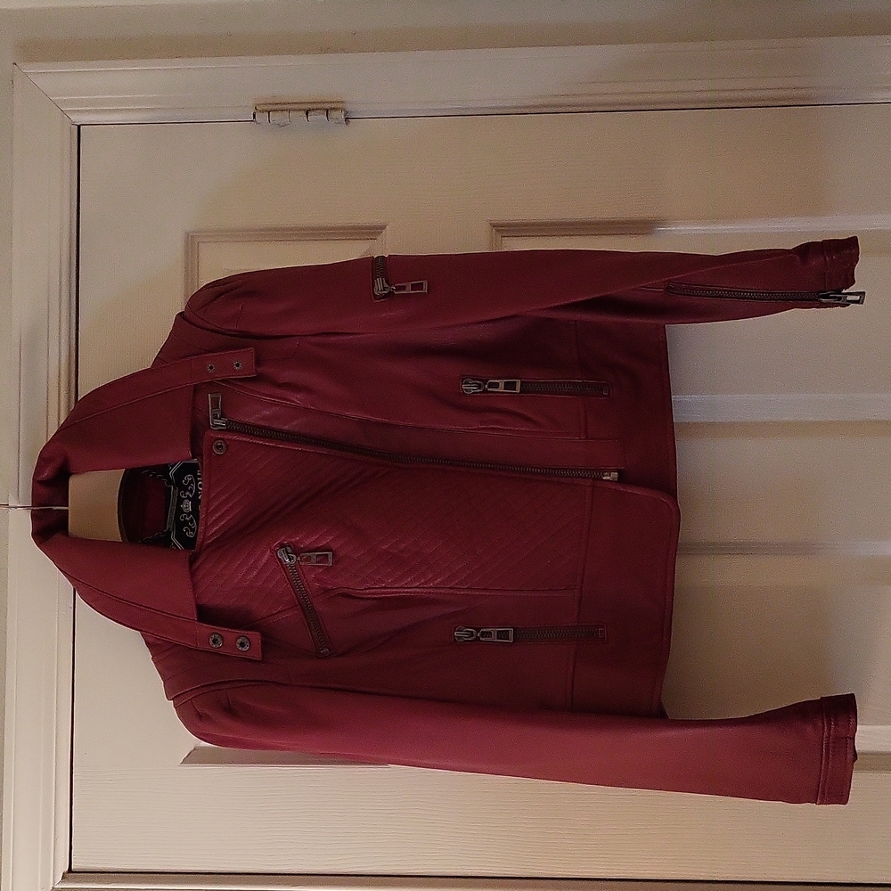 BLANC NOIR BUTTER SOFT LEATHER JACKET.  (BURGUNDY)  ZIPPERS ON ARMS AND POCKETS